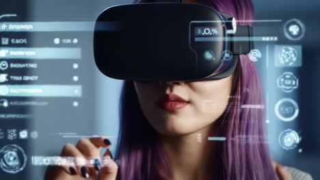 in a high-tech environment, a person with purple hair engages with virtual reality technology. the immersive experience showcases a futuristic interface and interactive elements.