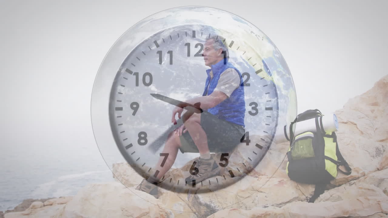 Hiker resting on rocky cliff, showcasing technology theme with Earth clock overlay