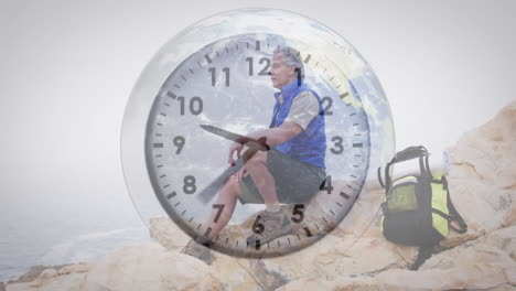 hiker resting on rocky cliff, showcasing technology theme with earth clock overlay