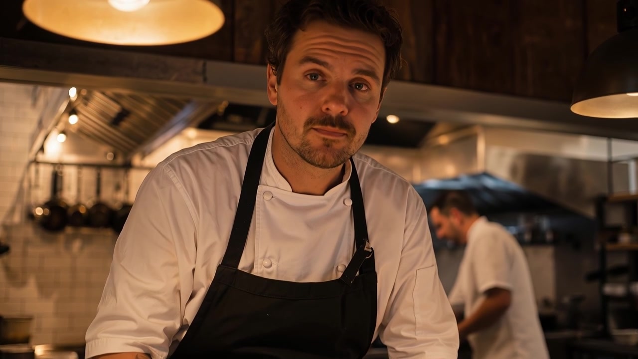 Chef professionista che impiattisce un piatto gourmet in una cucina di ristorante.