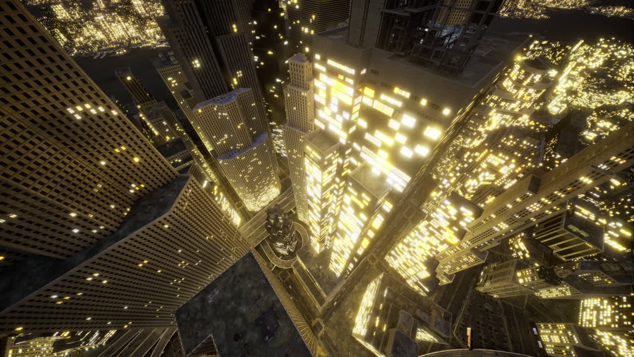 City skyline glowing at night with illuminated buildings and vibrant lights