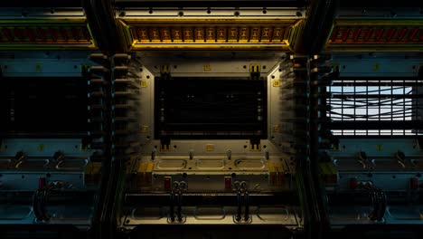 flying into spaceship tunnel, sci-fi spaceship corridor. futuristic technology for technical titles and backgrounds. internet traffic graphics, speed. 3d rendering. 4k animation of seamless loop