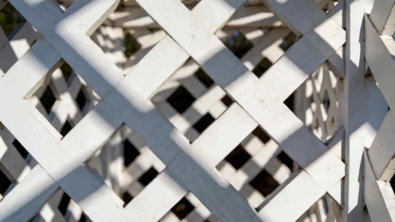 Operatore che spinge la telecamera, muovendosi verso un traliccio a griglia bianco in giardino, rivelando ombre diagonali.