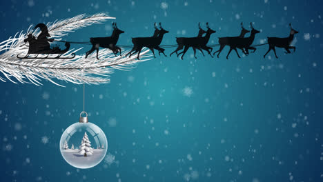 Animation-of-santa-claus-in-sleigh-with-reindeer-over-snow-falling-and-christmas-bauble