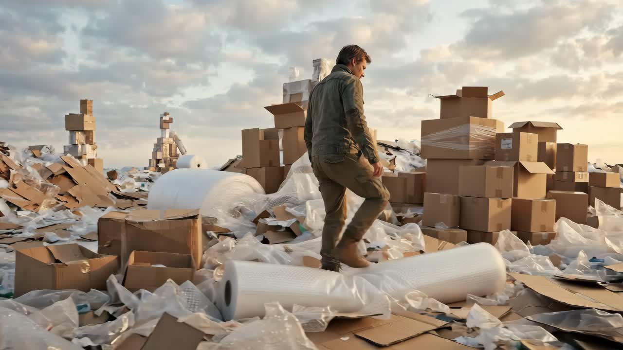 Homem Caminhando por uma Vasta Paisagem de Caixas de Papelão e Lixo Plástico