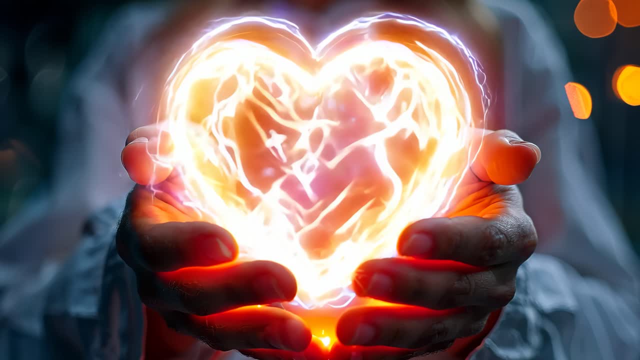 A woman is holding a heart made of glass with a light inside. The heart is broken and the light inside is glowing. Concept of fragility and vulnerability, as the heart is broken