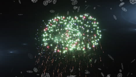 animación de nieve cayendo y fuegos artificiales sobre fondo oscuro