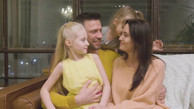 famiglia felice che abbraccia e bacia mentre si siede sul divano di casa