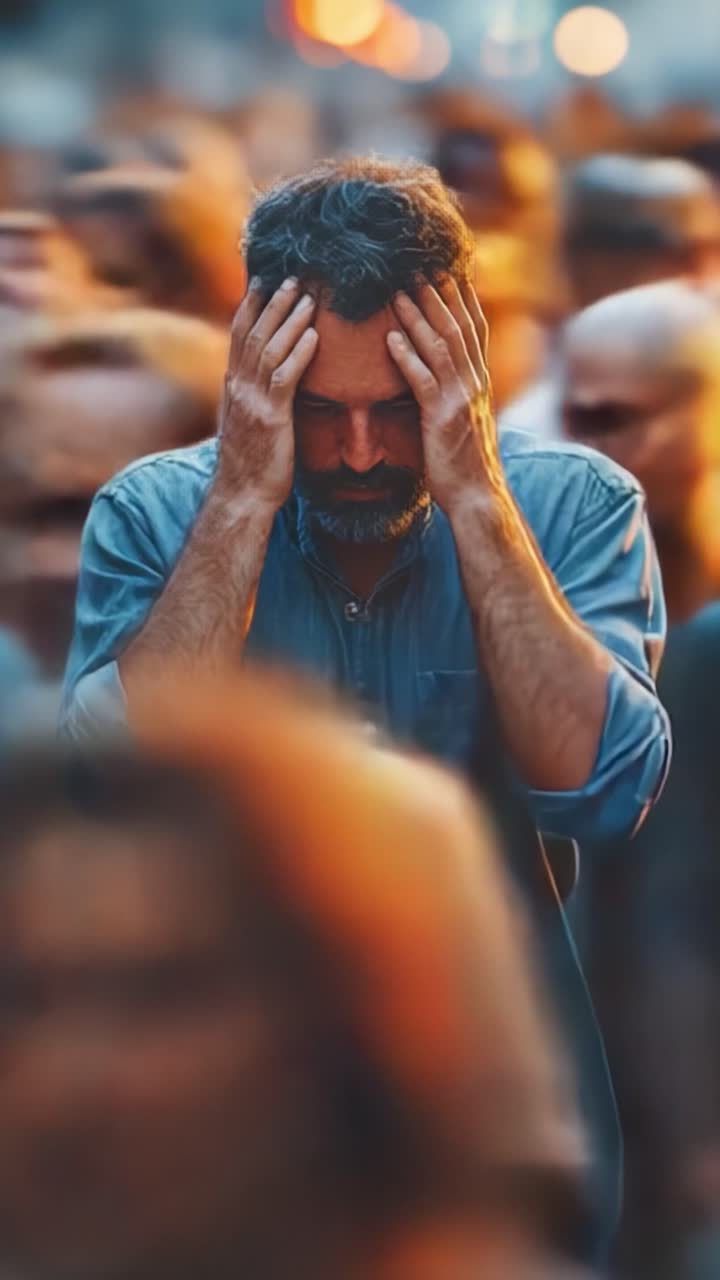 A man navigating through a bustling crowd, showcasing a range of emotions from distress to determination as he faces the overwhelming energy of urban life