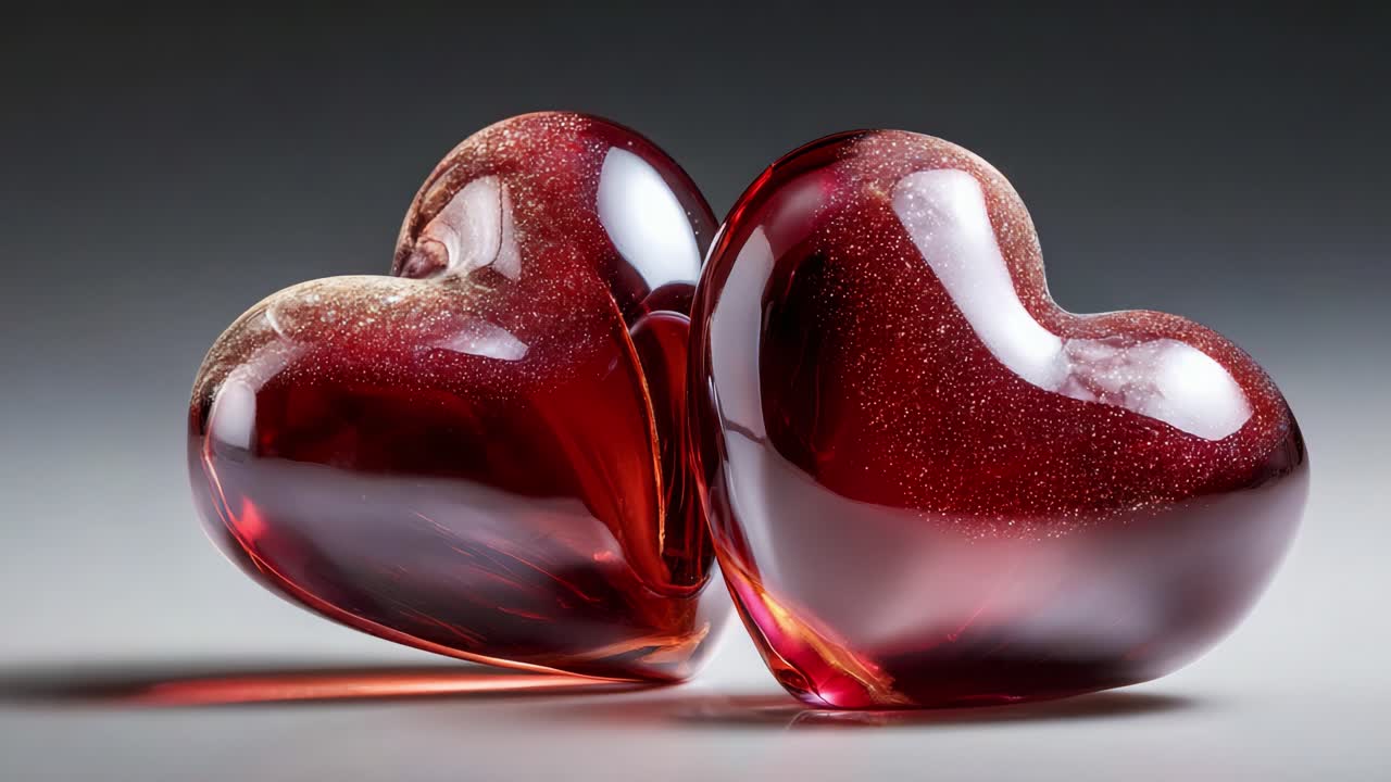 Two Beautiful Glass Hearts Captivatingly Shimmer in the Light, Showcasing Their Radiant Red Hue and Unique Sparkling Texture That Symbolizes Love and Affection