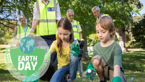 Animation-of-earth-day-text-and-globe-logo-over-children-doing-clean-work-in-forest