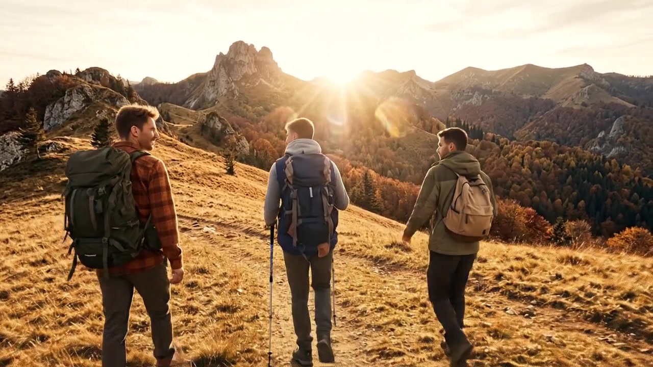 Filmmaterial von Outdoor-Wanderungen und Naturabenteuern mit Menschen, die malerische Berg- und Waldlandschaften erkunden.