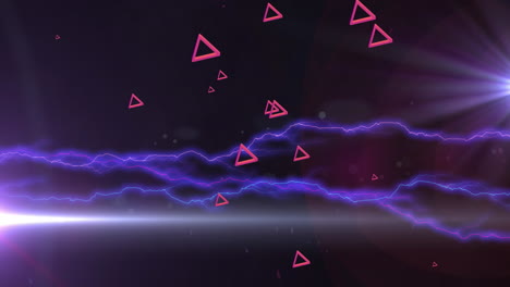 animación de triángulos rosados sobre relámpagos púrpuras