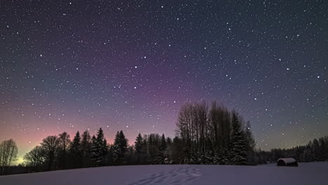 northern lights and shooting stars over remote snowy landscape