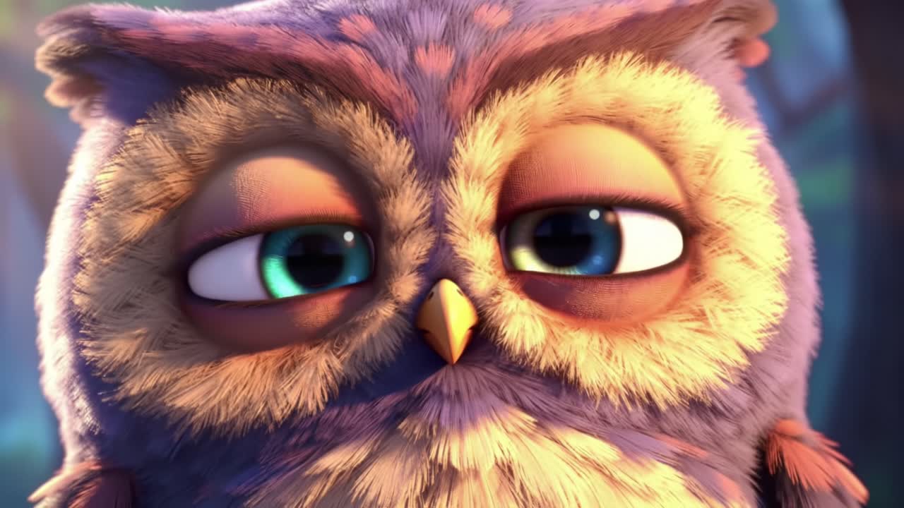 A Close-Up Transformation of a Cartoon Owl: From Peaceful Sleep to Curious Awakening, Capturing the Expressive Emotions of a Whimsical Character in Nature