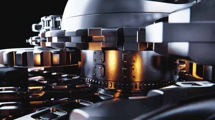 Close-up of Intricate Metallic Gears Rotating in a Complex Mechanism