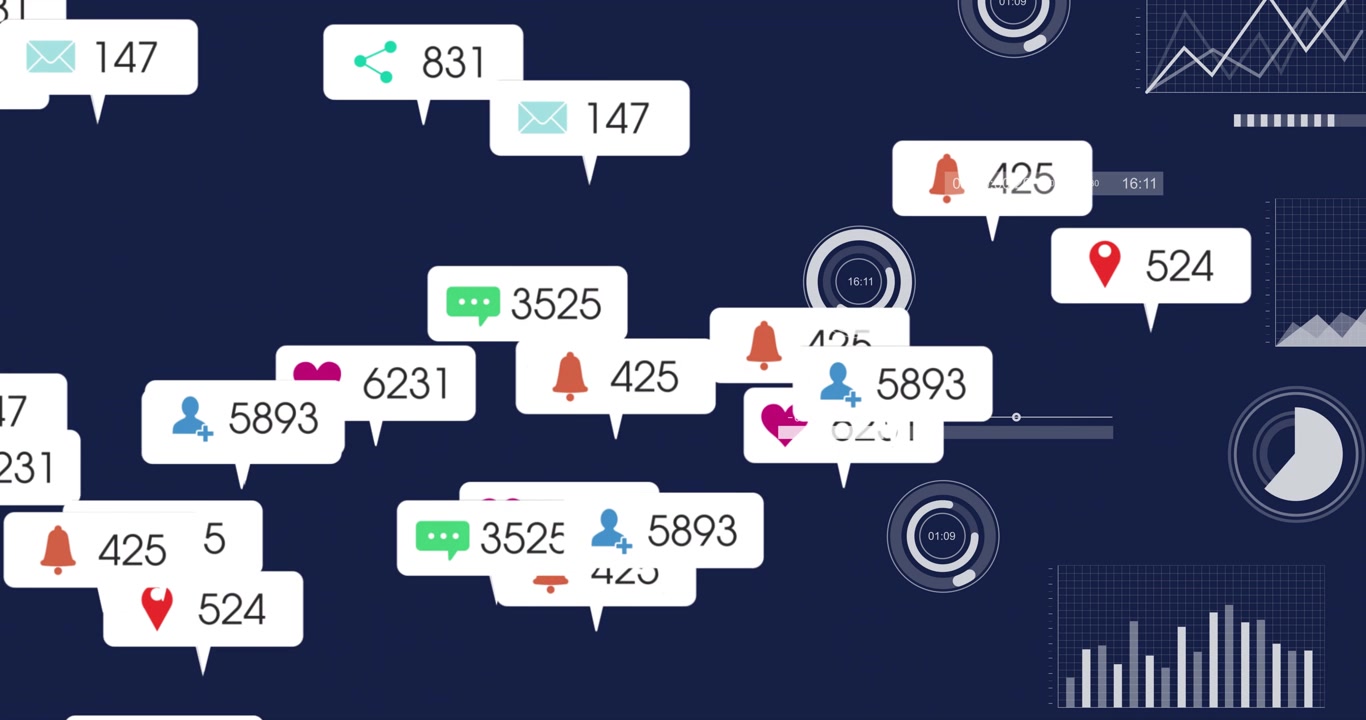 On HUD load, notification badges streaming from left-edge forming clusters, showing live metrics