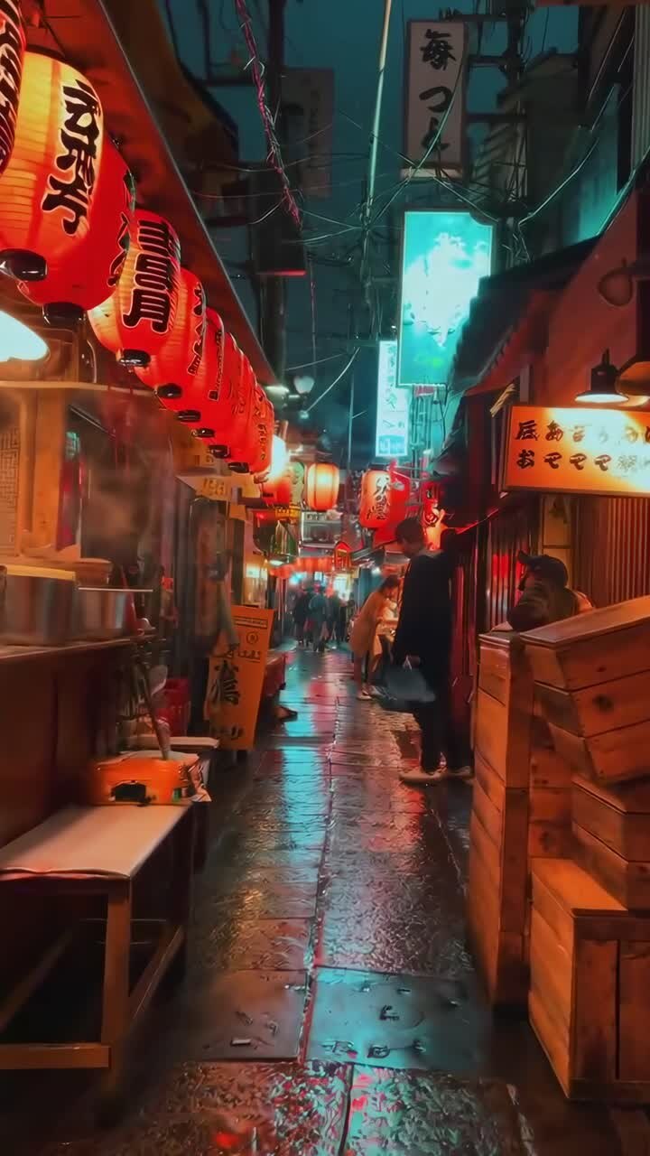 Video di una vivace scena di strada con una ripresa dal basso che cattura le luci al neon e le lanterne di notte