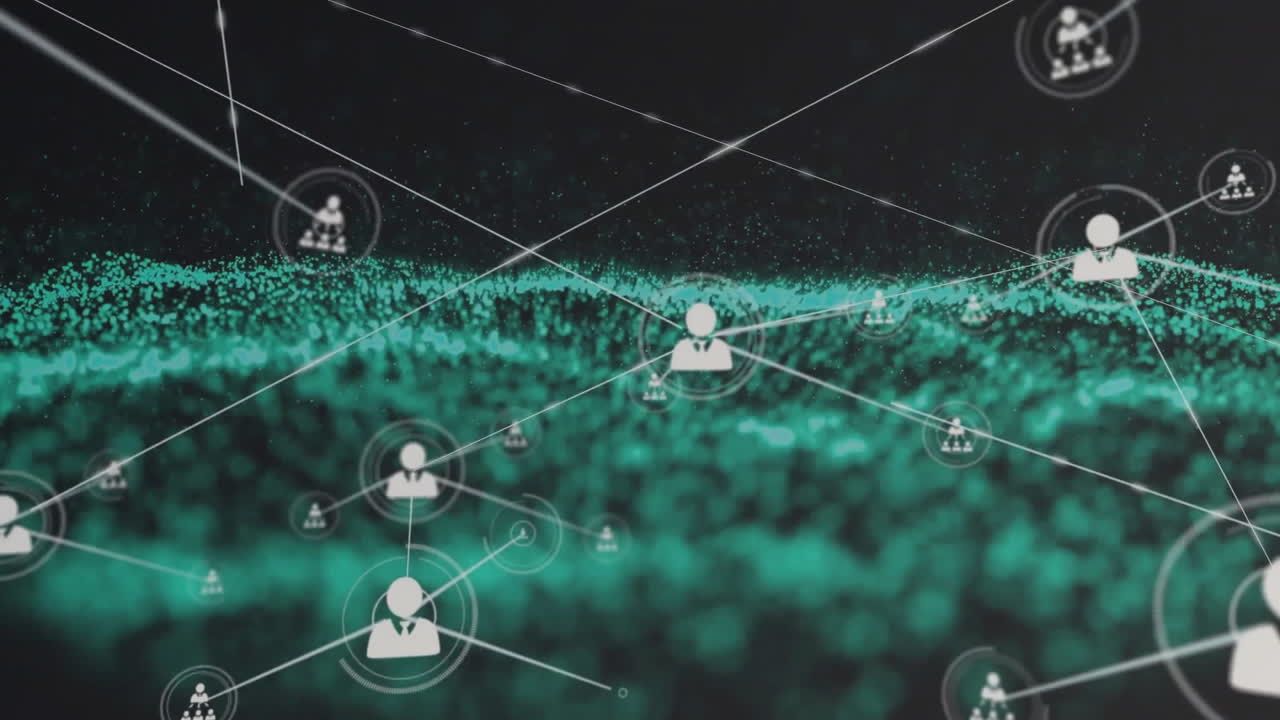 animación de la red de conexiones con iconos sobre puntos de luz sobre fondo negro