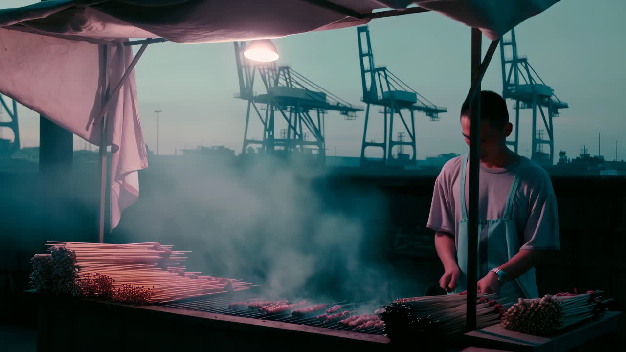 Street food vendor grilling skewers at a night market near port cranes