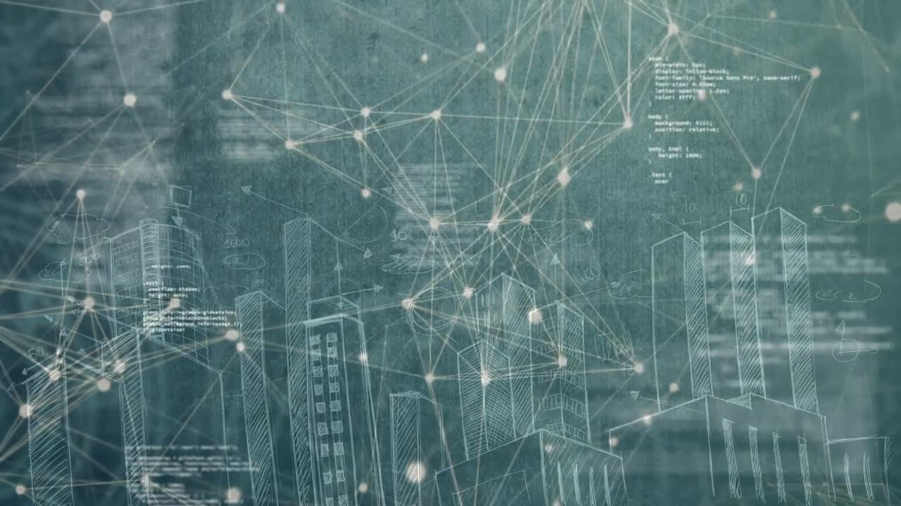 animación generada digitalmente de una ciudad doodle de dibujo con conexión de enlaces