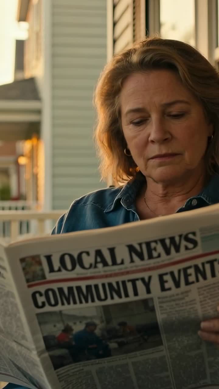 Senior reader lifting paper and seeking local news on porch, with animated headline following gaze