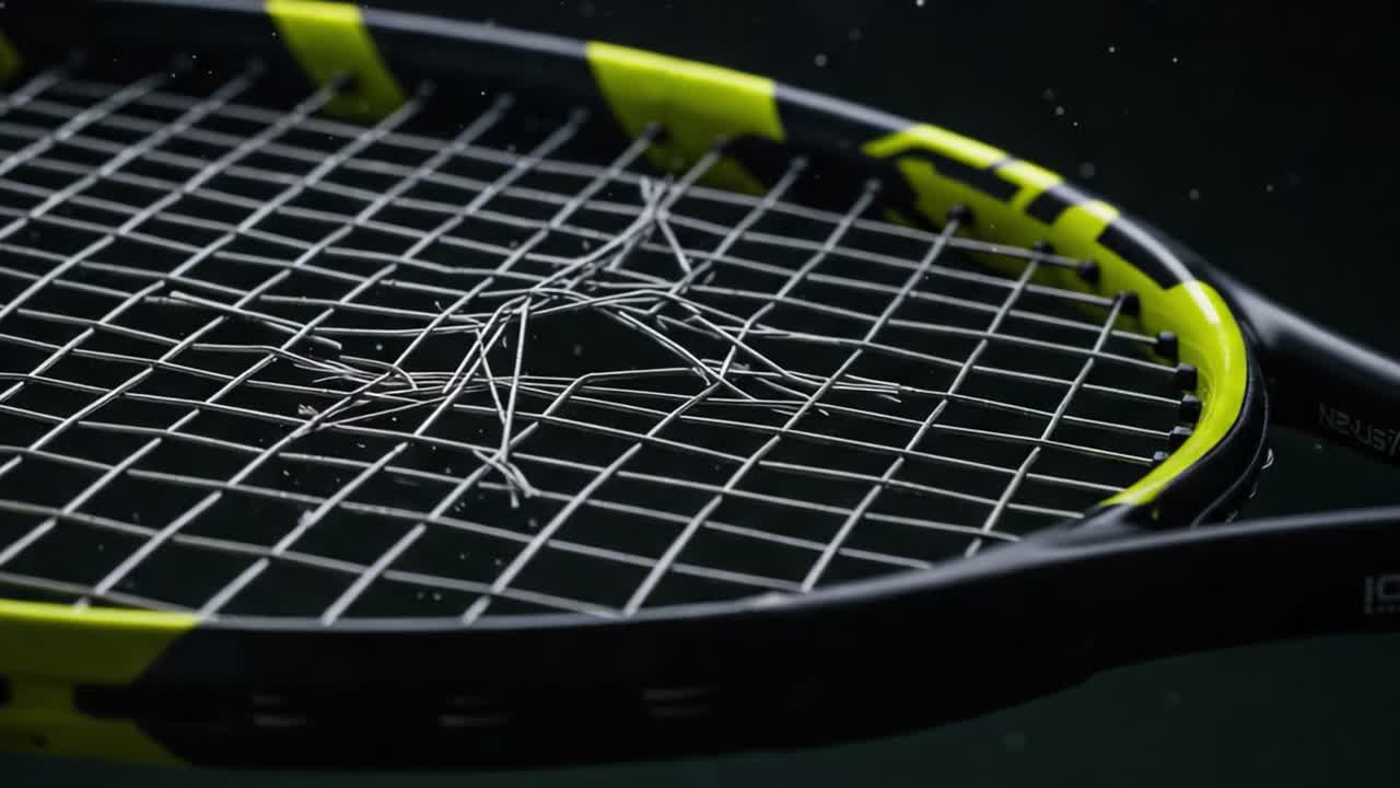 A Close-Up View of a Tennis Racket with Broken Strings, Highlighting the Intricate Details of the String Pattern Against a Dimly Lit Background