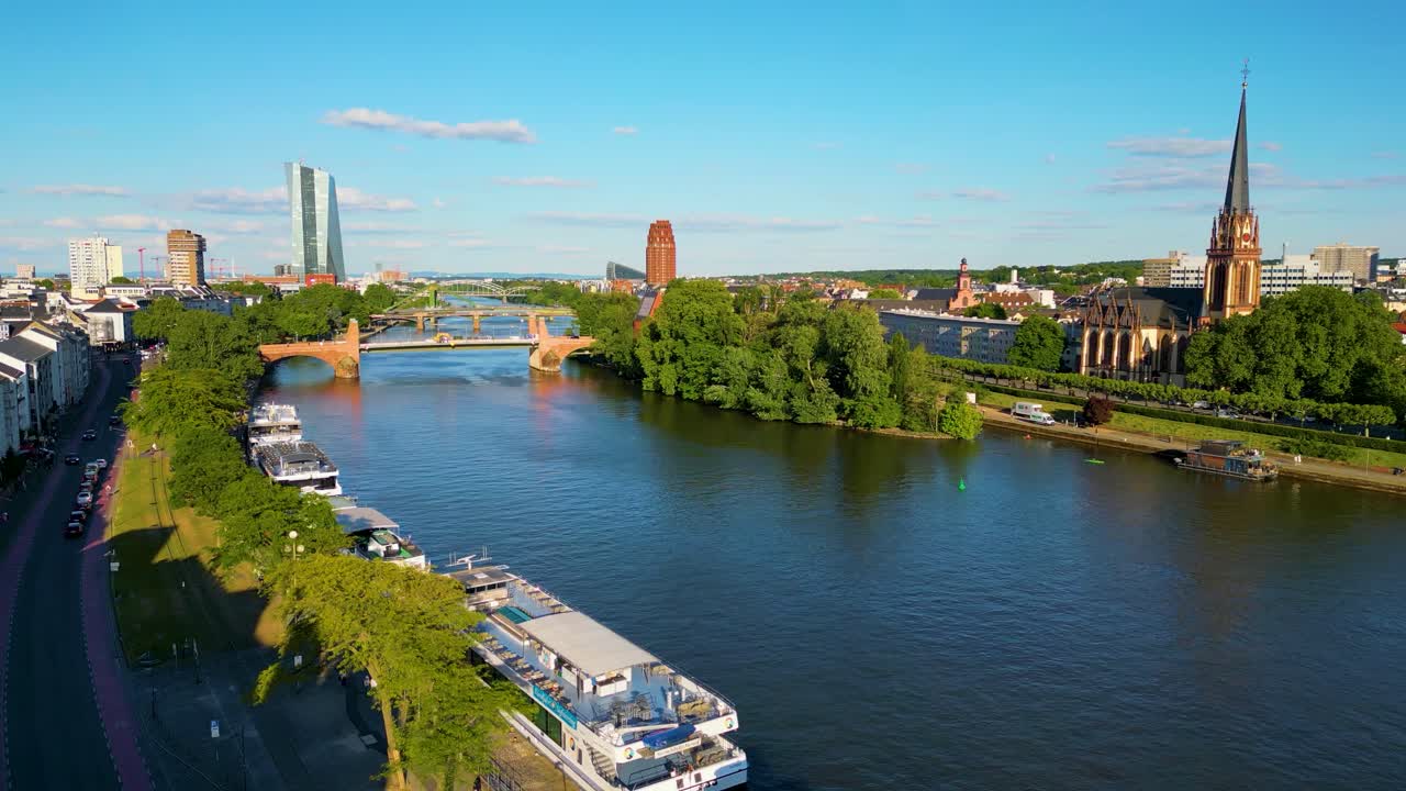 Frankfurt Skyline with Main River, Bridges, and Boats