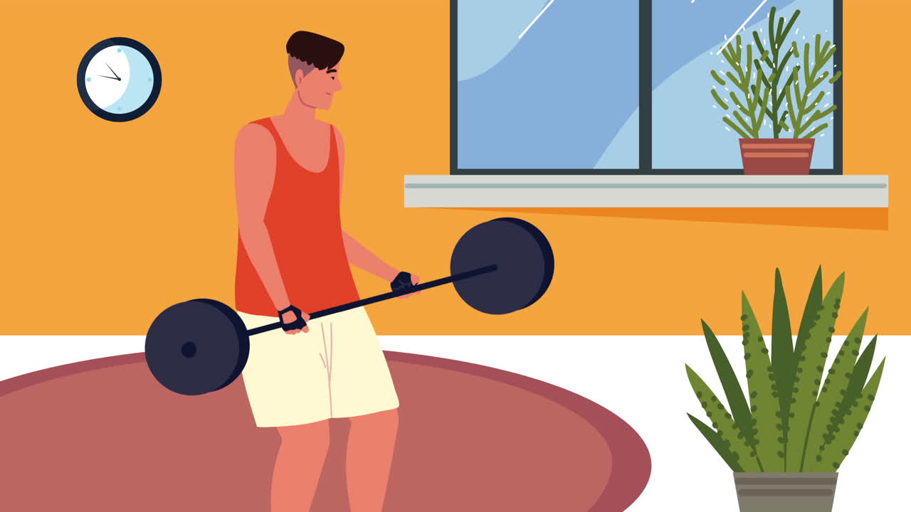 мужчина занимается поднятием тяжестей в доме