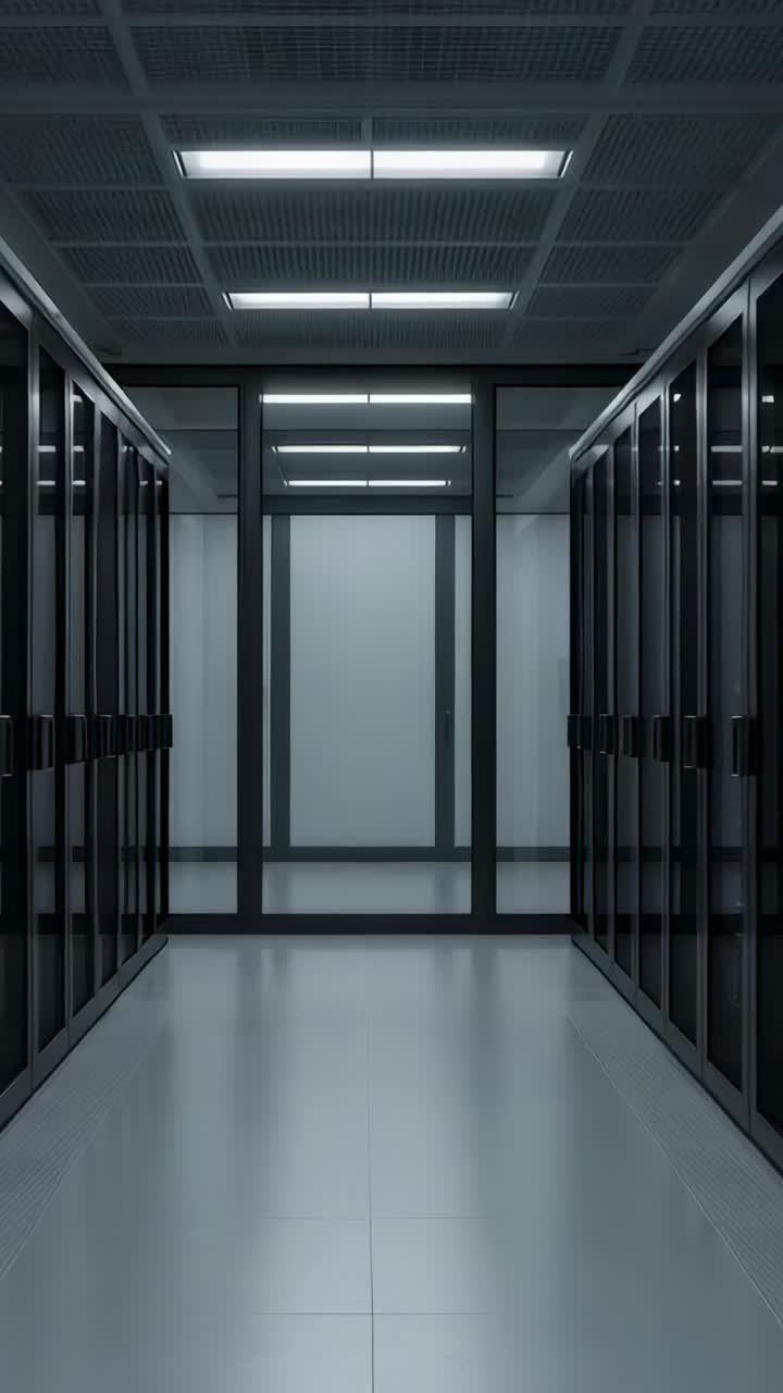 Vertical video: Camera starting showing empty DC corridor with server racks, LED panels, glass door