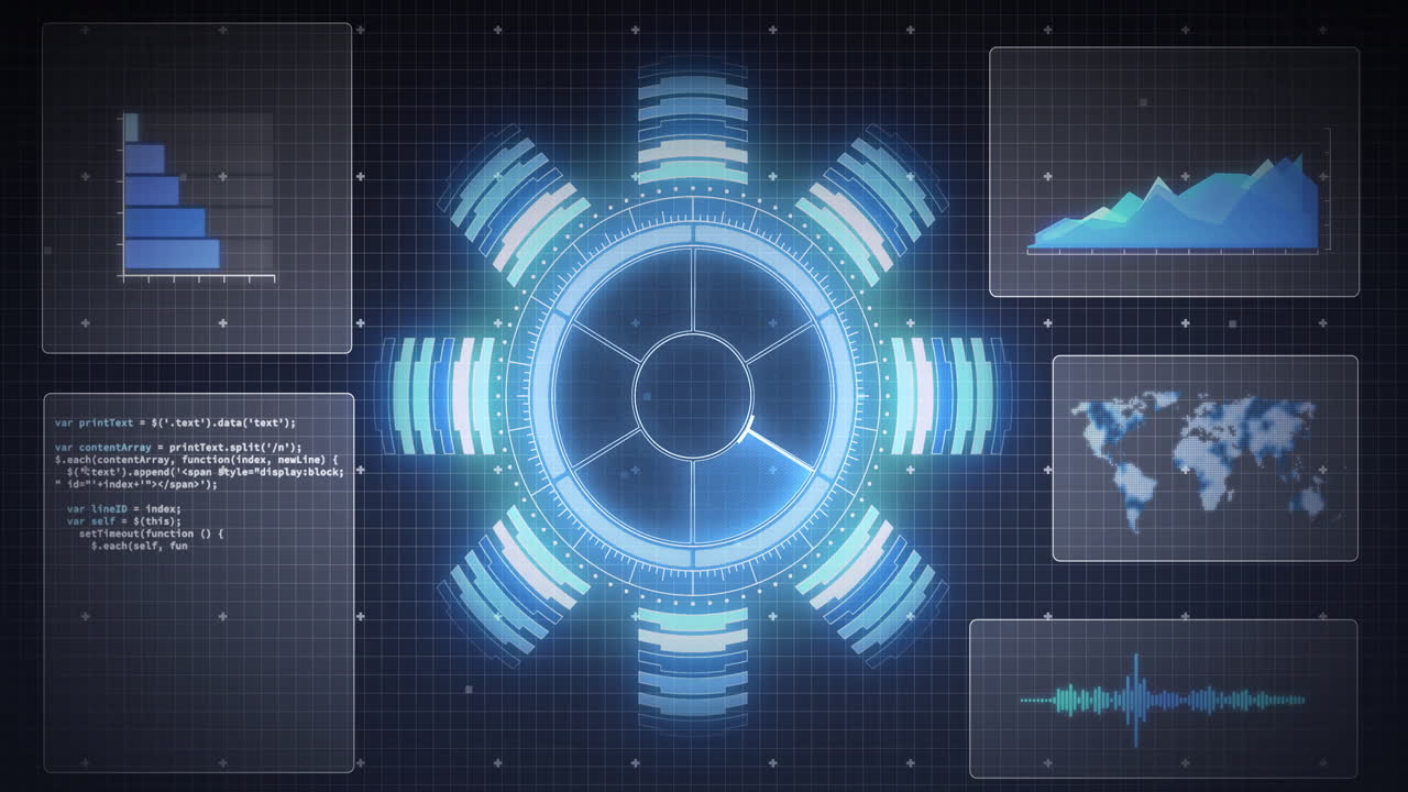 스 ⁇  스캐닝, 세계 지도 및 데이터 처리의 애니메이션, 그리드 위의 화면