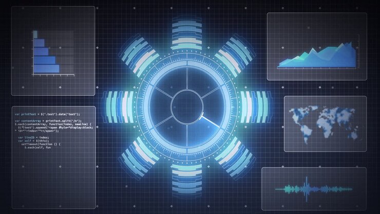 Animation of scope scanning, world map and data processing on screens over grid