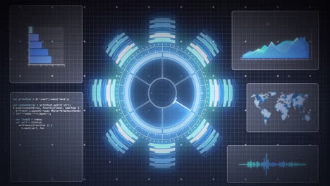 animation of scope scanning, world map and data processing on screens over grid