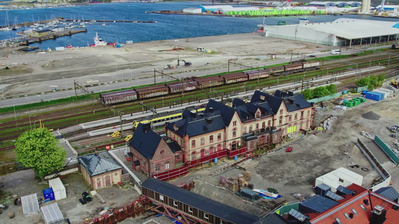 Old railway station in Varberg, Sweden. Aerial dolly out