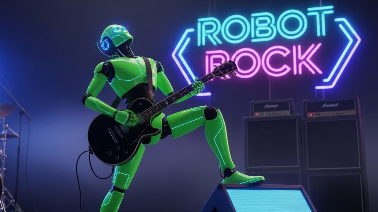 Vibrant Green Robot Rocking Out on Stage with Electric Guitar Under Neon Lights in Dynamic Performance Setting