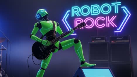vibrant green robot rocking out on stage with electric guitar under neon lights in dynamic performance setting