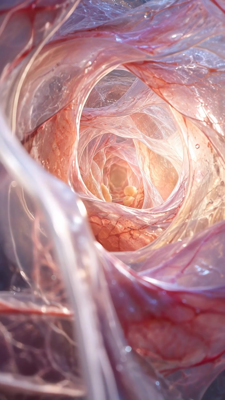 Forward motion reveals overlapping semi-transparent folds and rounded golden forms deeper inside, while reflective wet-looking surfaces shift from cool blue edges toward a bright peach glow.