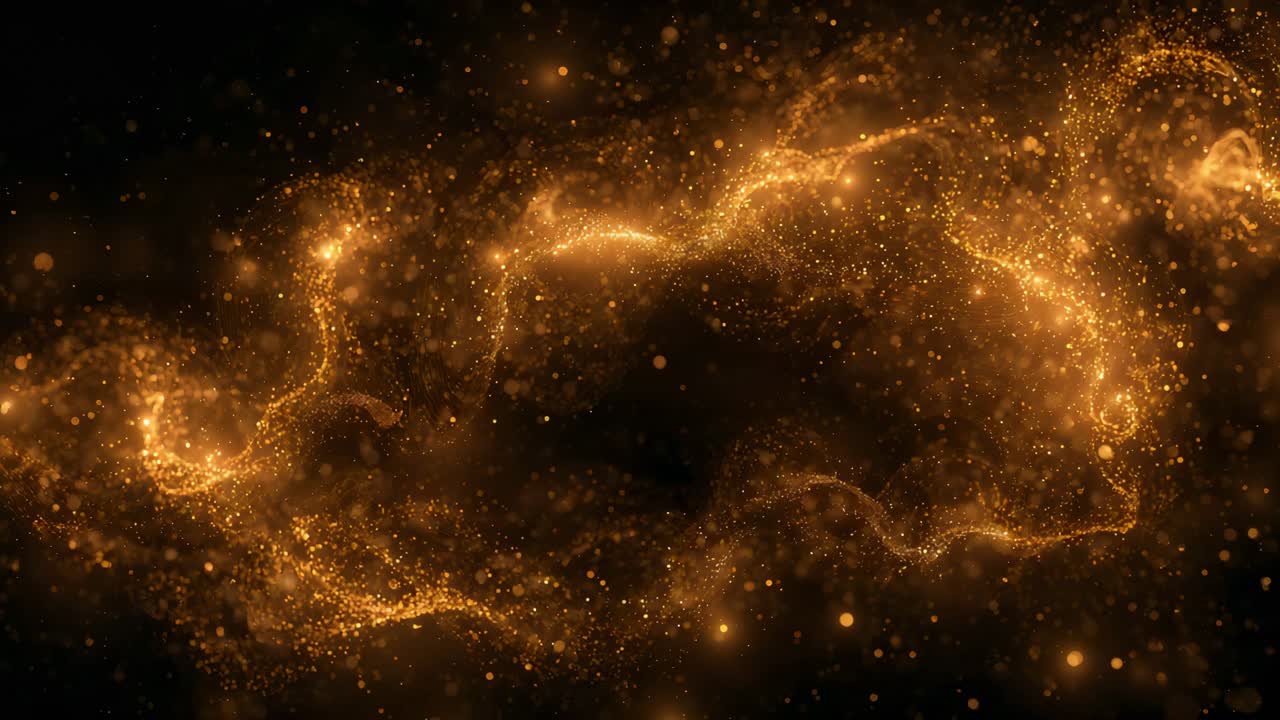 Flowing particle ribbon brightening as sequence starts in dark space ...