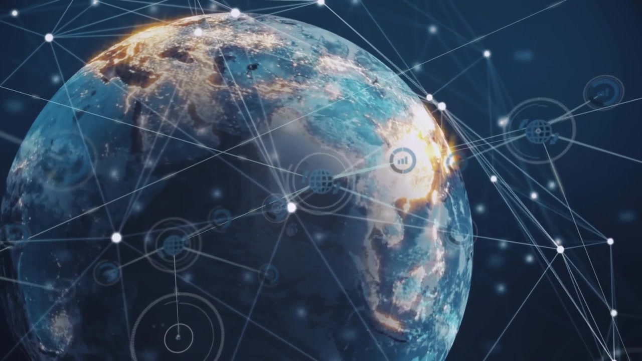 Animation of connected icons and connected dots around globe over abstract background