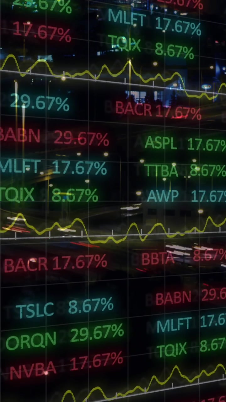 Animazione dell'elaborazione di dati finanziari su un paesaggio urbano