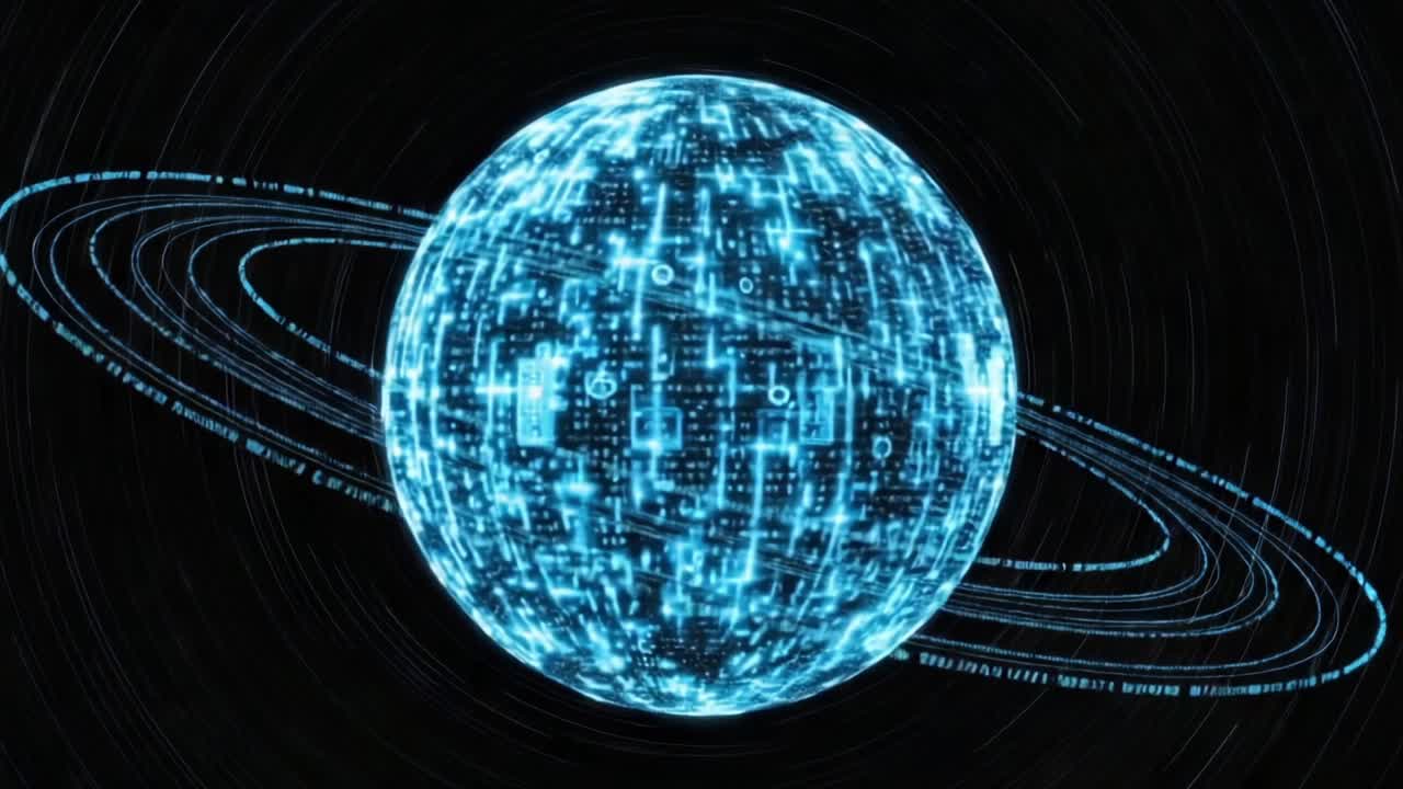 A Stunning Visual Representation of a Digital Planet Surrounded by Ring Structures, Highlighting the Fusion of Technology and Cosmic Imagination