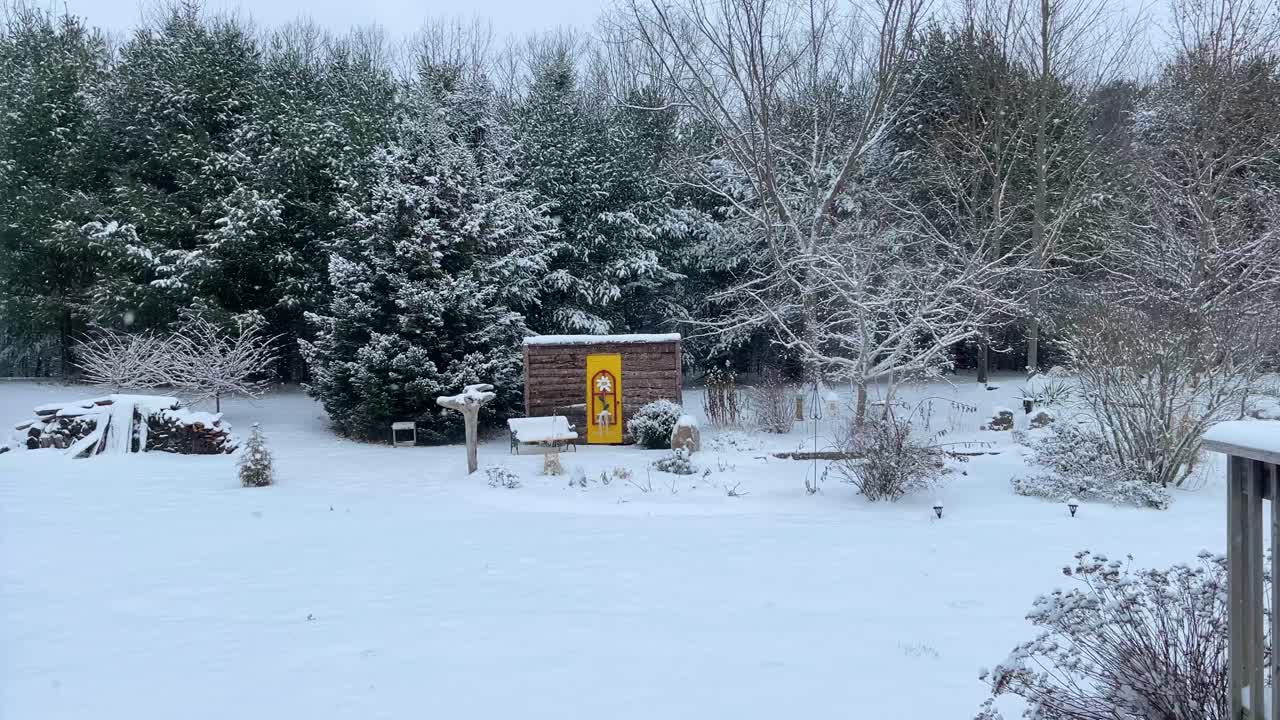 신선한 눈이 정원과 숲을 슬로우 모션으로 덮은 후 그림 같은 겨울 장면에 떨어지는 큰 눈송이