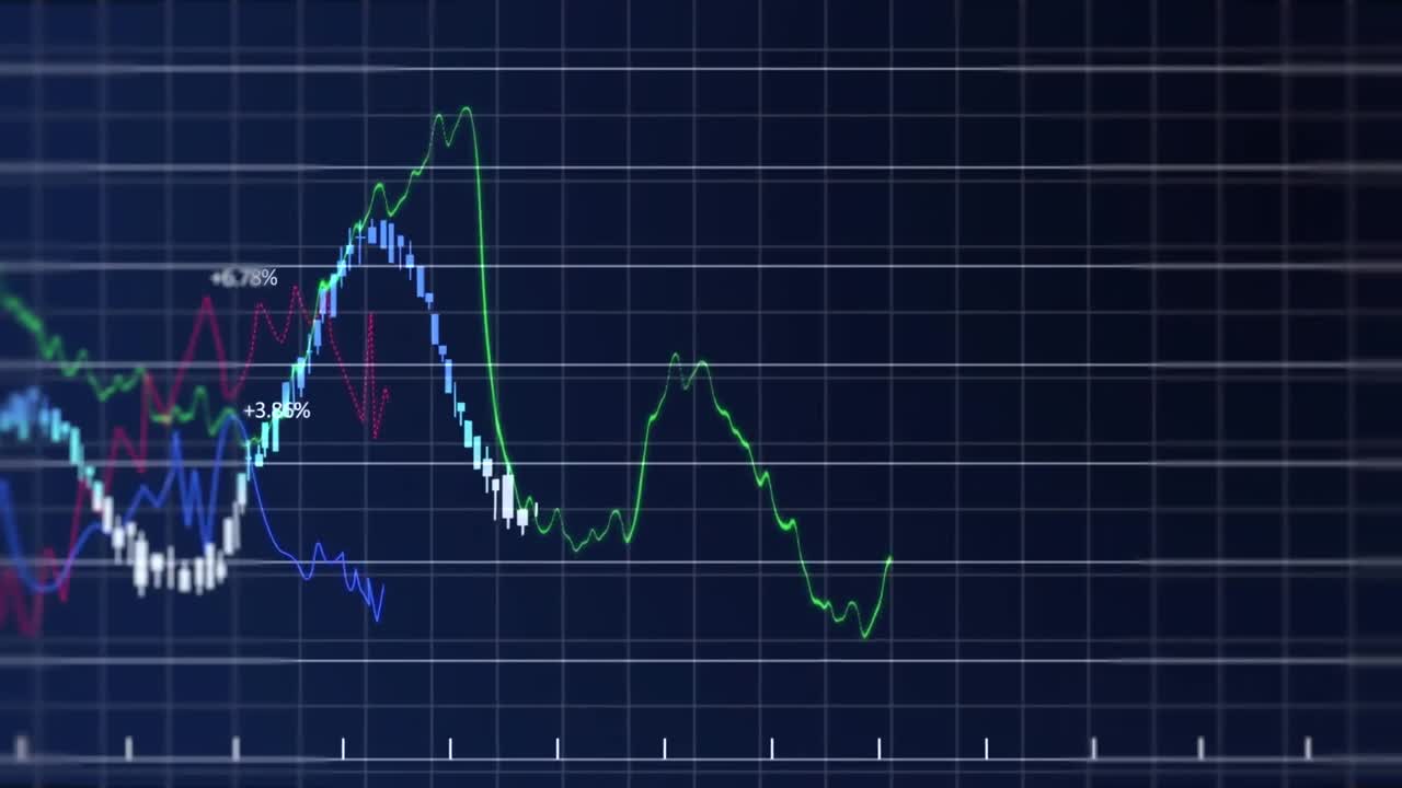 Animation of financial data processing over grid network against blue background