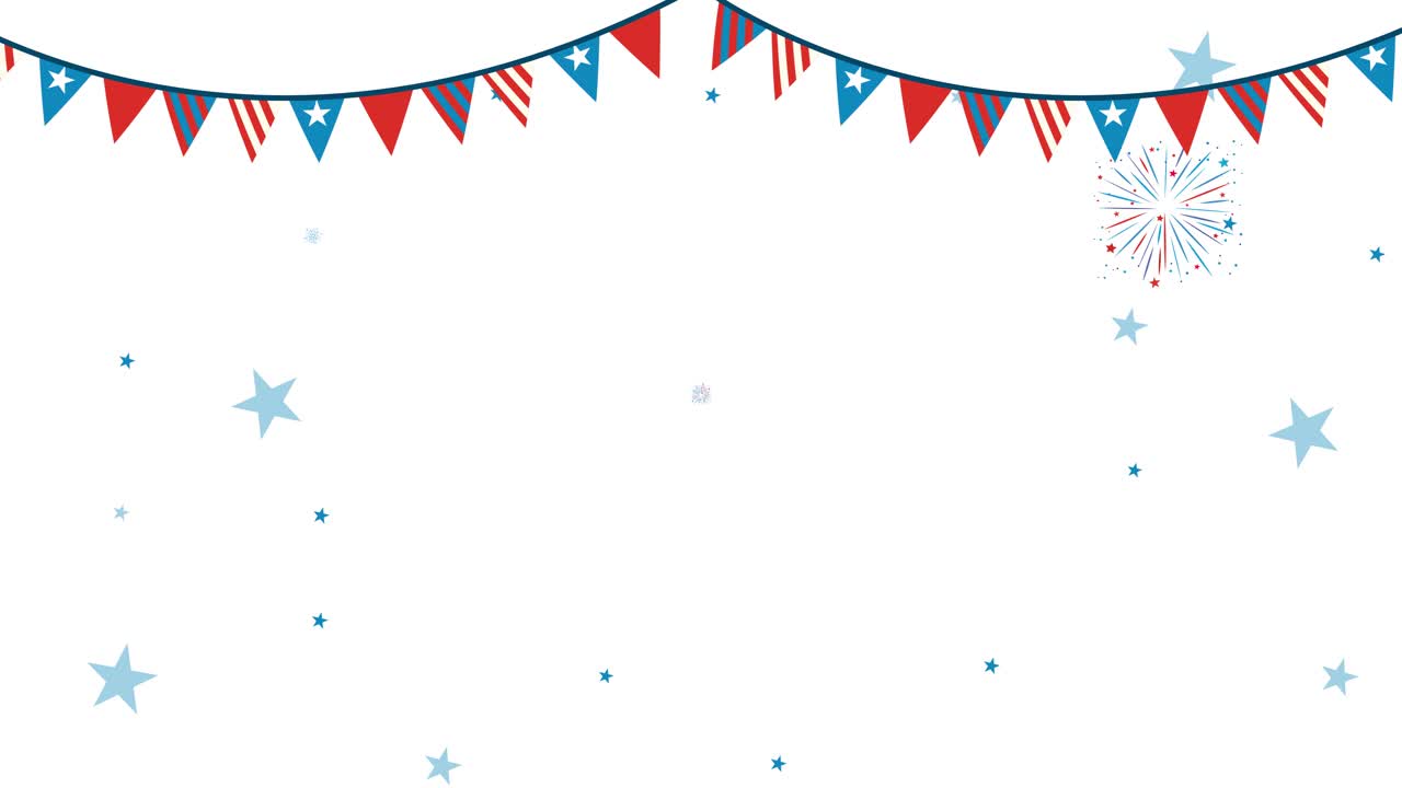 Colorful fireworks burst against a white background, accented by red and blue bunting, creating a celebratory and vibrant atmosphere