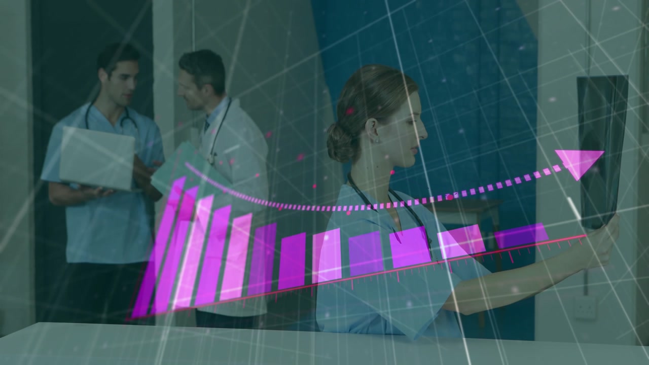 Radiology nurse placing X-ray film on panel and animating pink bars while doctors discussing data