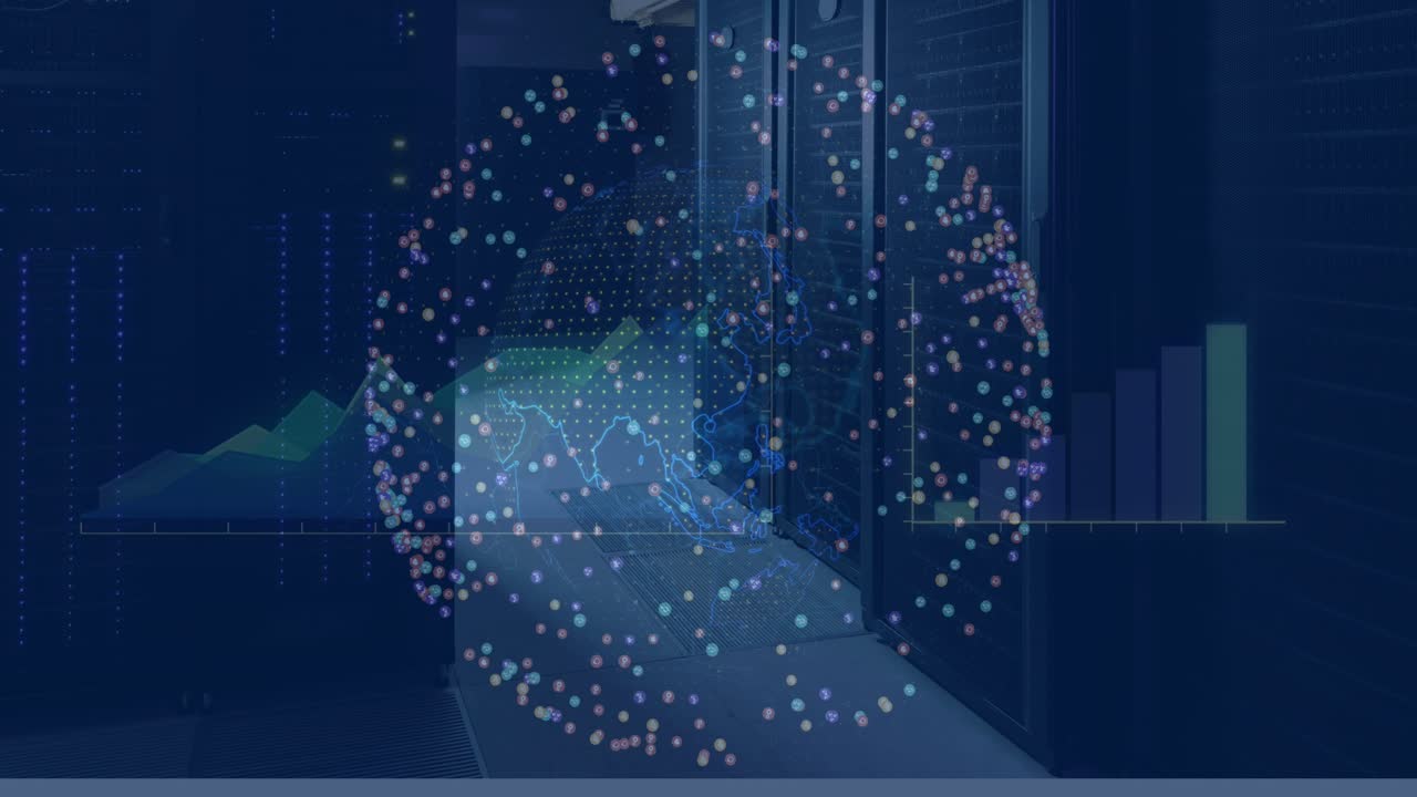 Animation of globe and data processing over computer servers