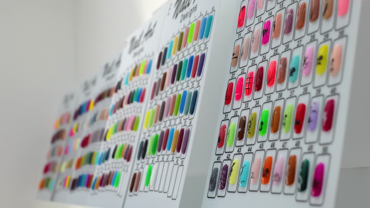 Unghie in gel da donna esposte a parete come selezione in un salone di bellezza - Ripresa stabile.