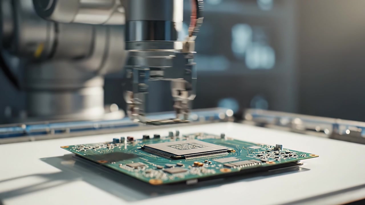 Robotic Arm Placing Microchip on Printed Circuit Board in Factory