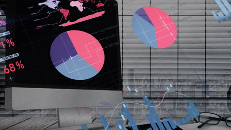 animation of data processing and diagrams over empty office