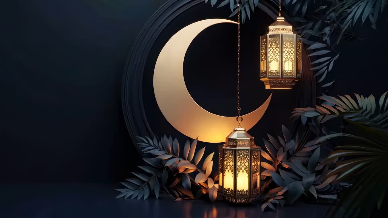 Concetto video elegante con una vista dal basso di lanterne ornate e una luna crescente contro uno sfondo scuro.